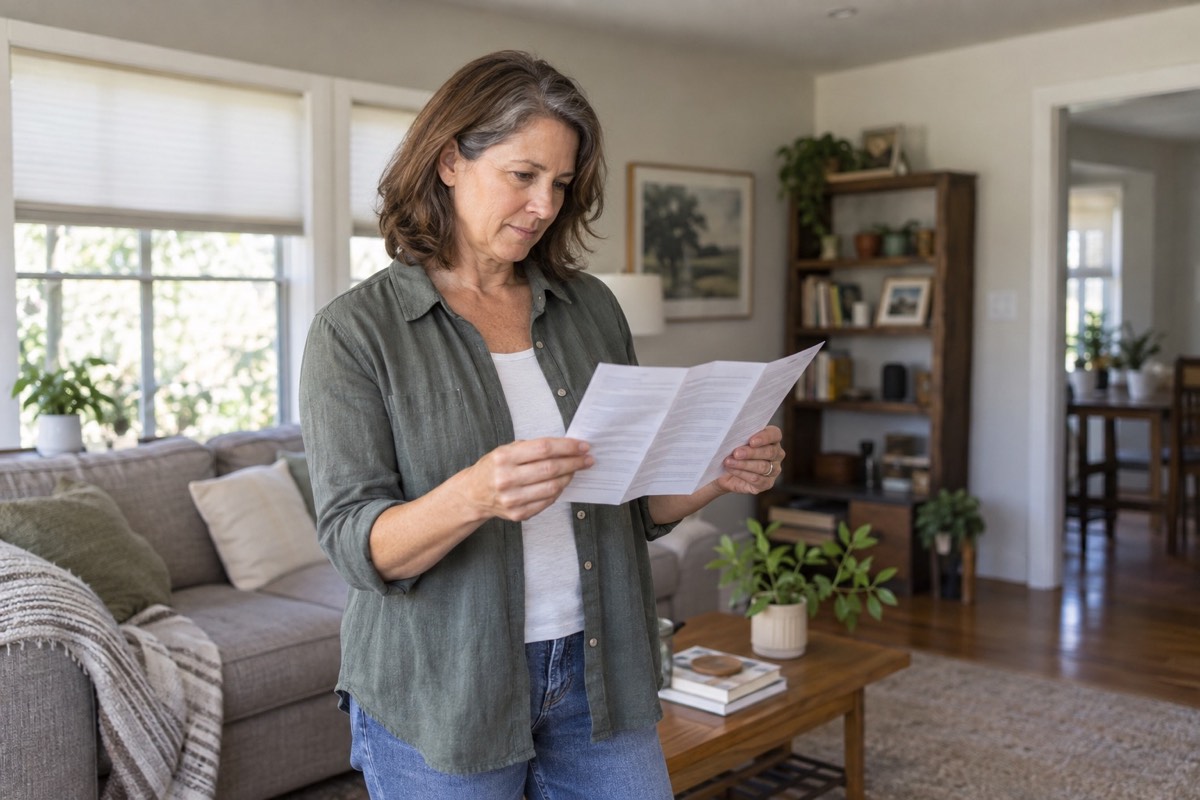 Consumer carefully reading product instructions in a living room
