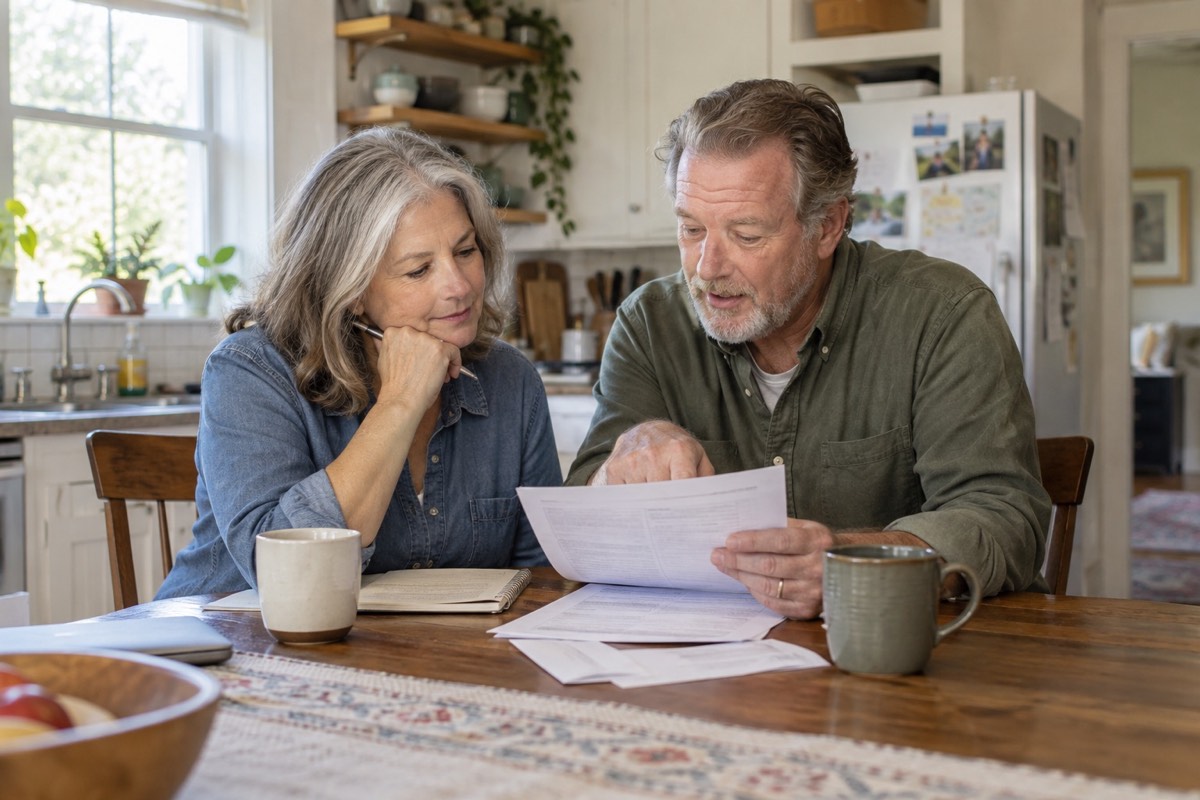 Couple reviewing household energy information together at a kitchen table